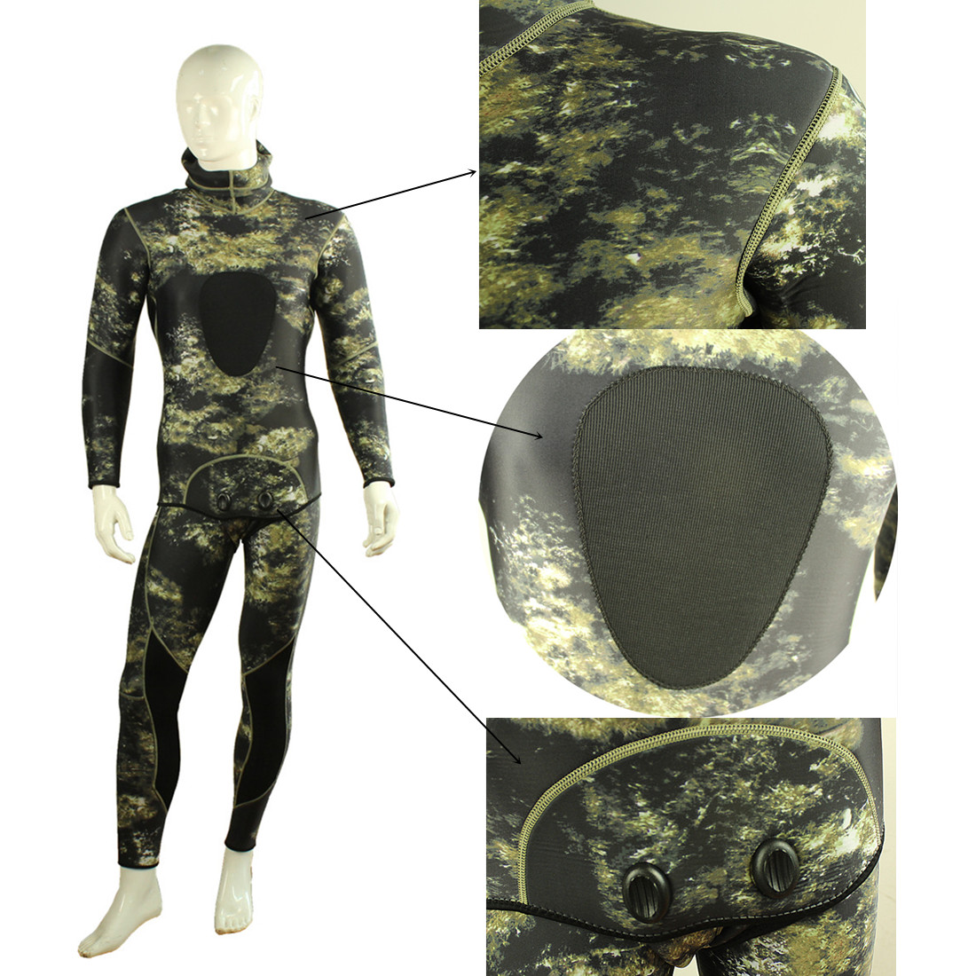 3MM Camouflage tweedelig onderwatervissers Wetsuit met dubbele nylon verblindende stiksels voor heren